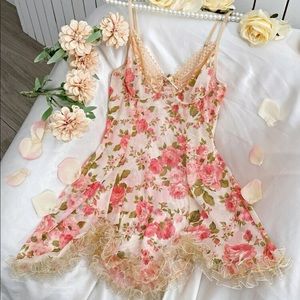 Floral slip dress lace pink lingerie ruffle sexy sheer transparent intimates